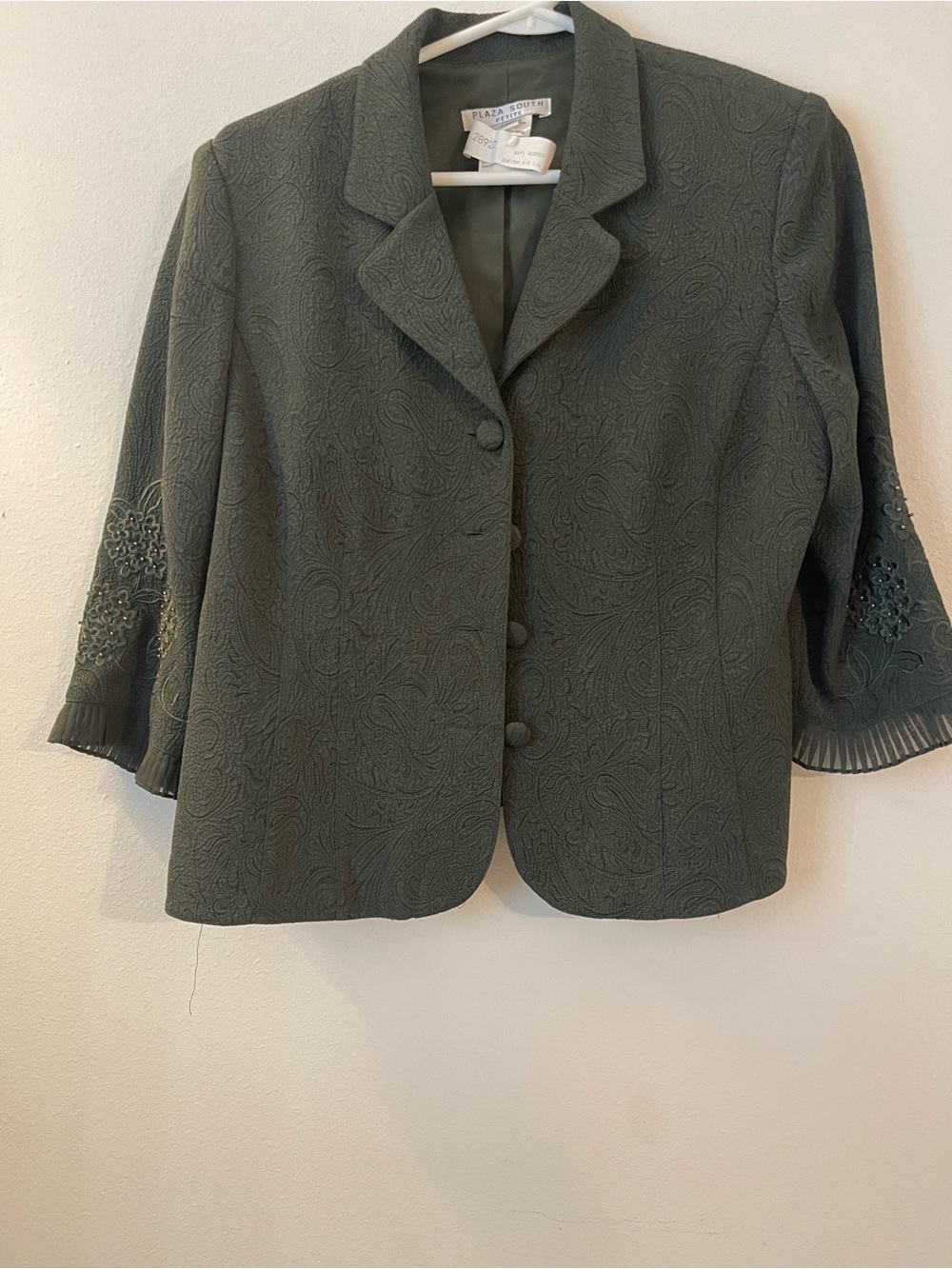 Pleated Sleeve Embroidered Blazer in Olive Green by Plaza South